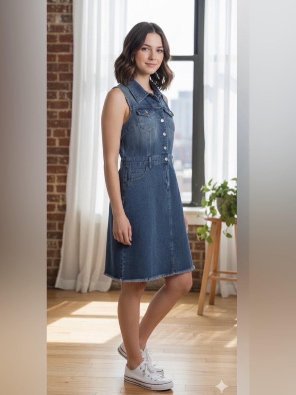 NWOT JOIE Denim Collared Sleeveless Button Up Jean Dress Raw Hem Size M